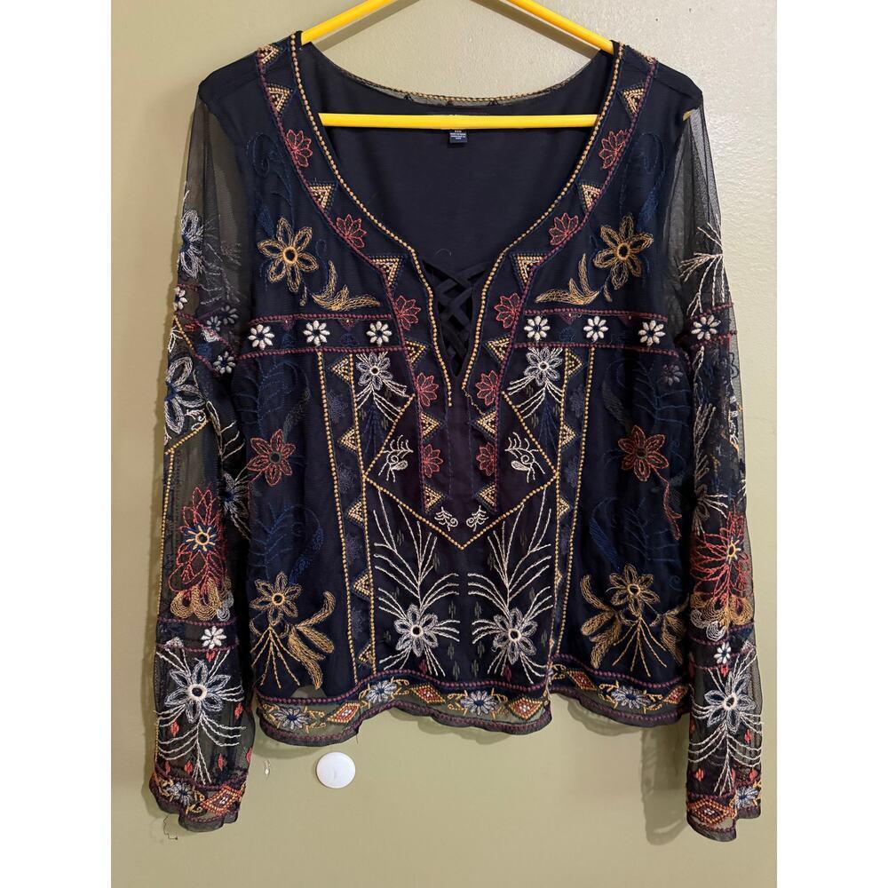 American Eagle black, long sleeve sheer embroidered BoHo blouse, Womens XL